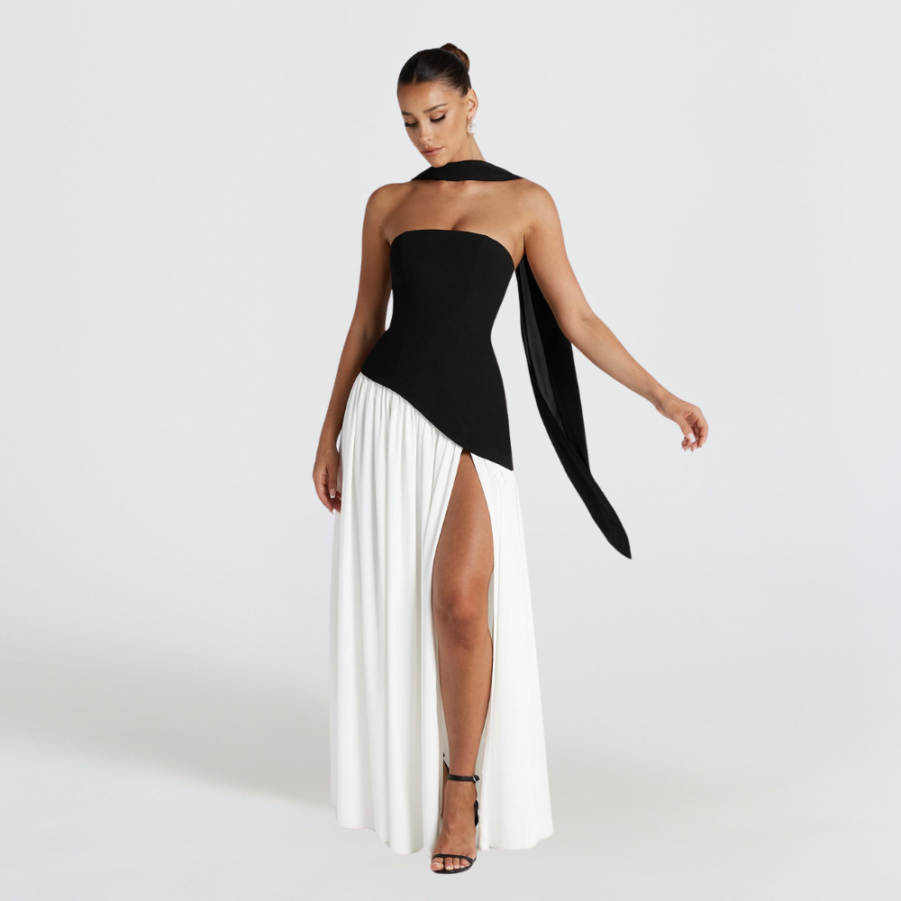 Women's High Neck Asymmetrical Cocktail Dress - Slit Maxi