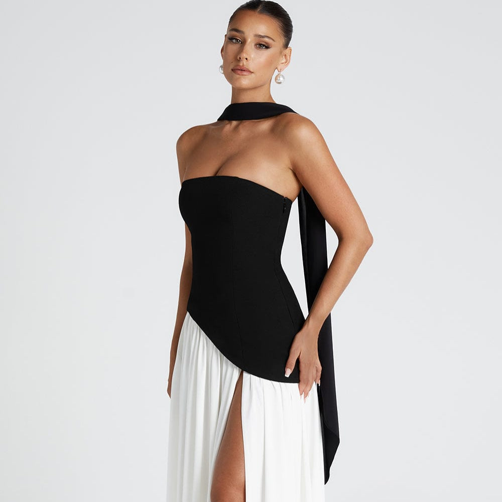 Women's High Neck Asymmetrical Cocktail Dress - Slit Maxi