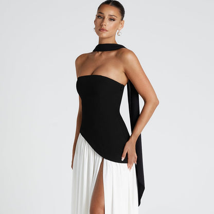 Women's High Neck Asymmetrical Cocktail Dress - Slit Maxi