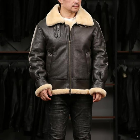 Men's Leather Aviator Coat Sheepskin Classic Flight Jacket