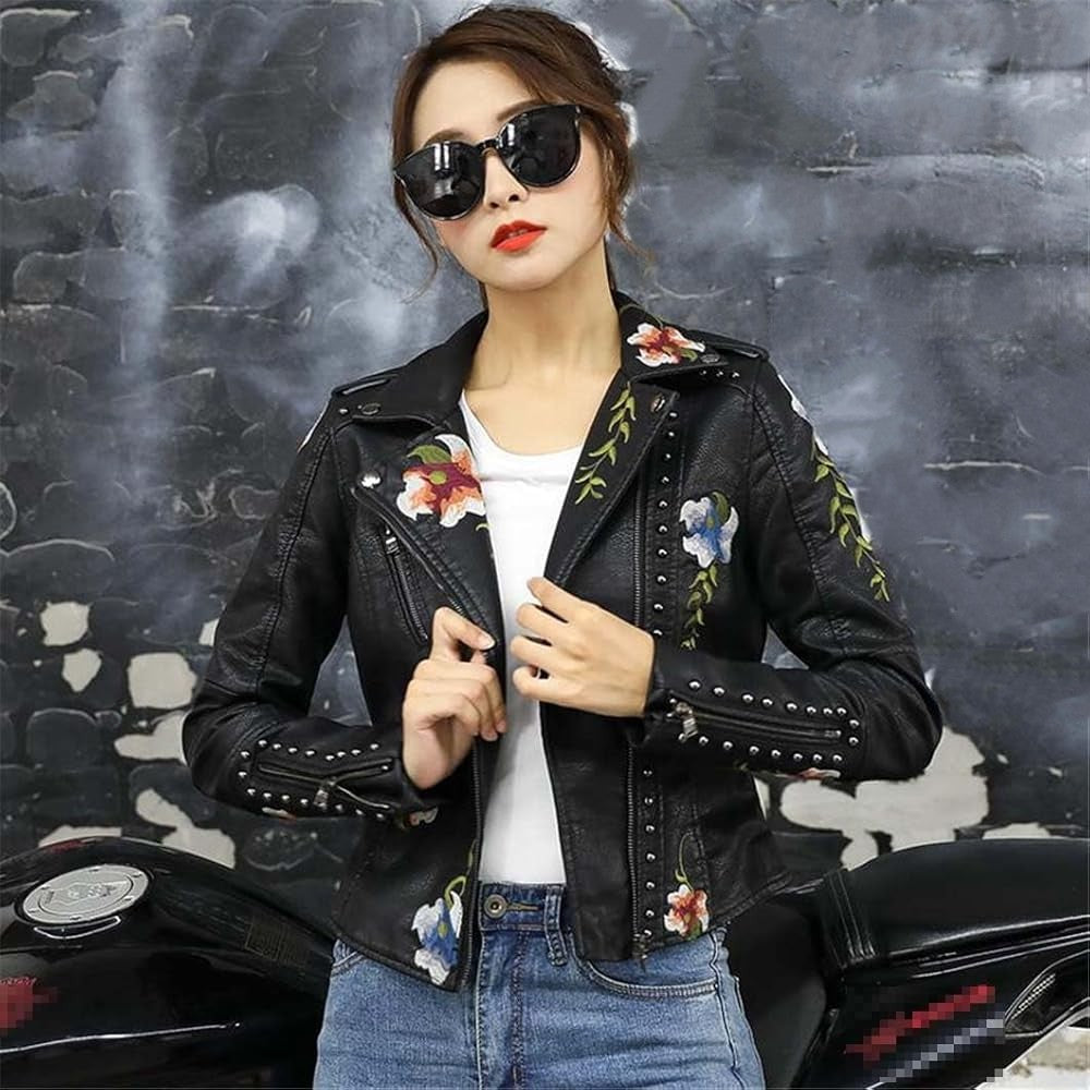 Women's Leather Jacket Floral Embroidery Stud Details 6
