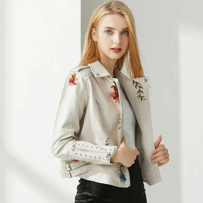 Women's Leather Jacket Floral Embroidery Stud Details 1