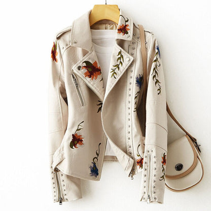 Women's Leather Jacket Floral Embroidery Stud Details 2
