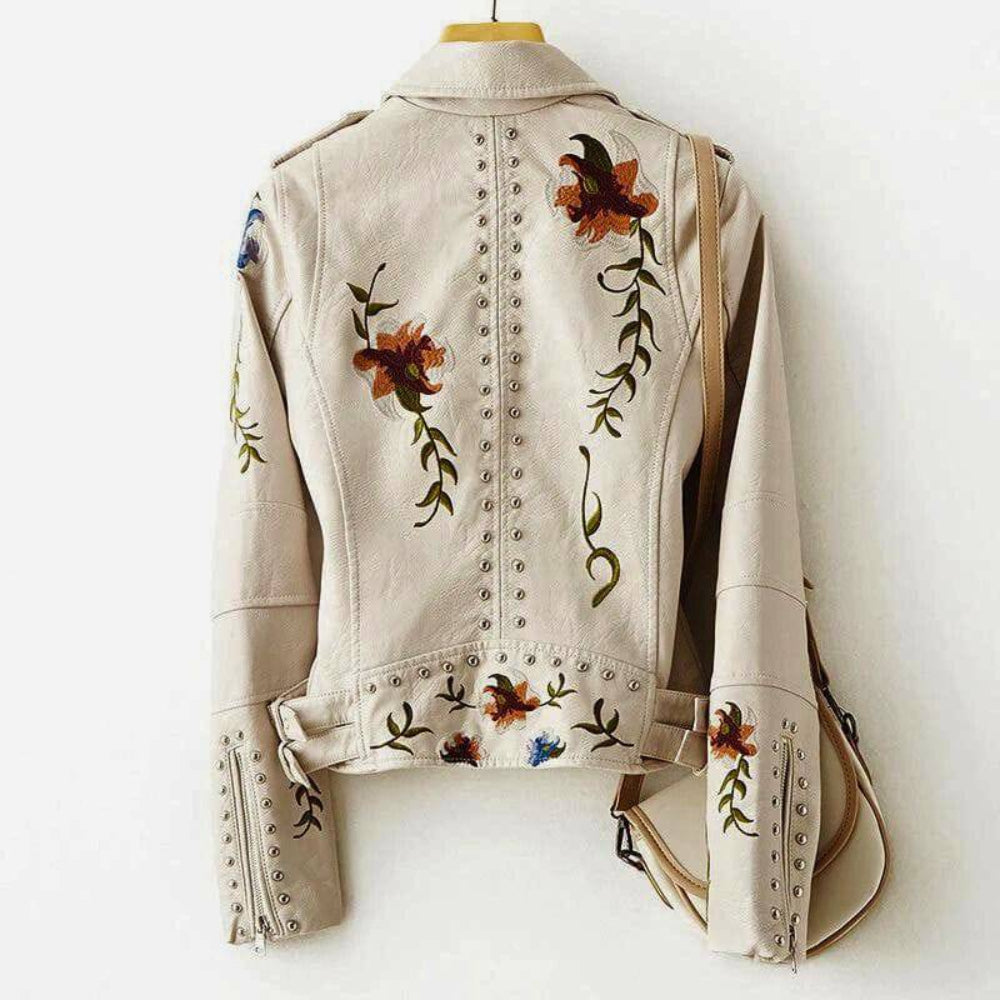 Women's Leather Jacket Floral Embroidery Stud Details 3