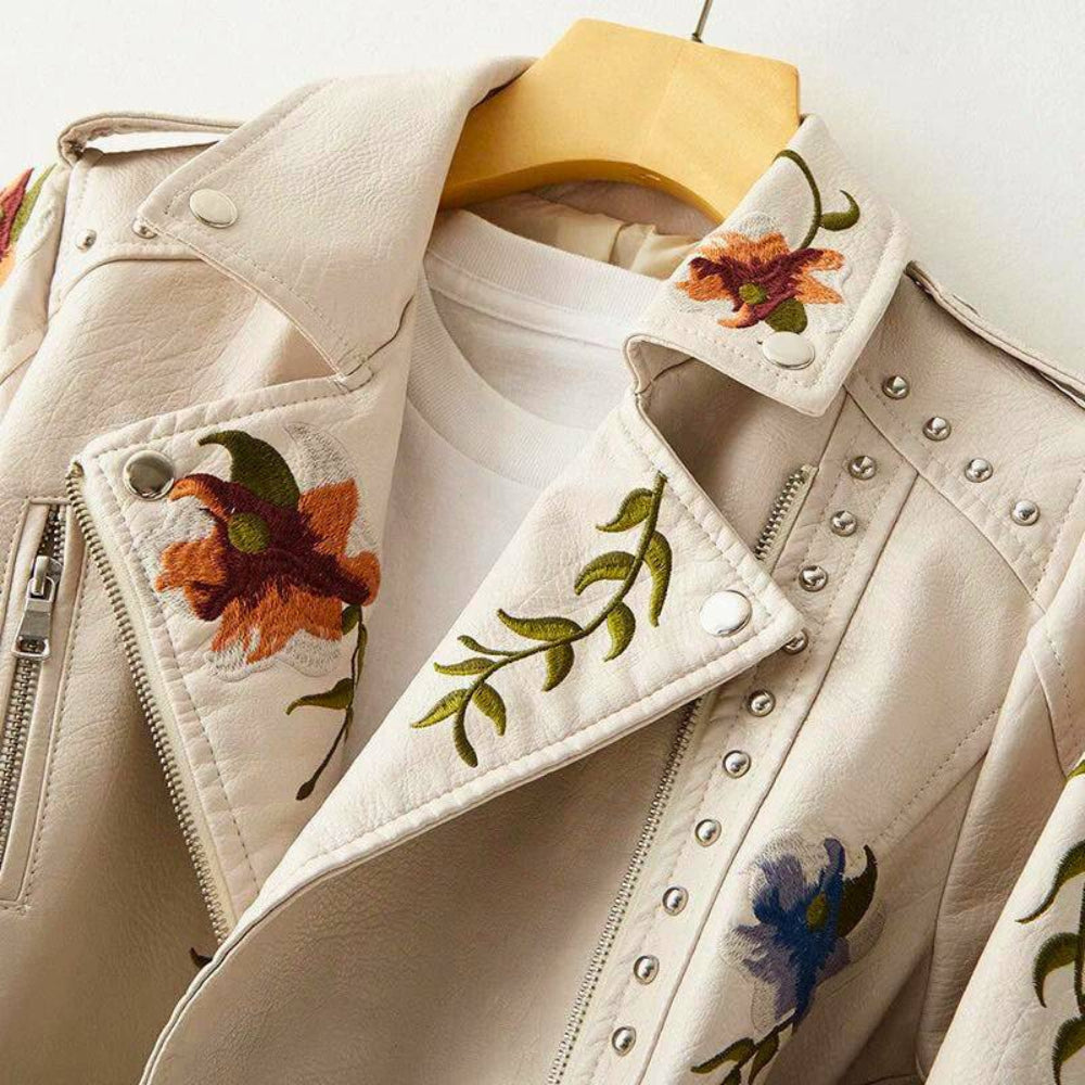 Women's Leather Jacket Floral Embroidery Stud Details 4