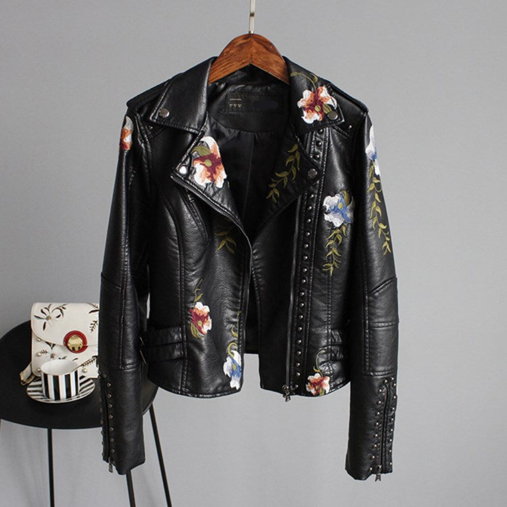 Women's Leather Jacket Floral Embroidery Stud Details 7