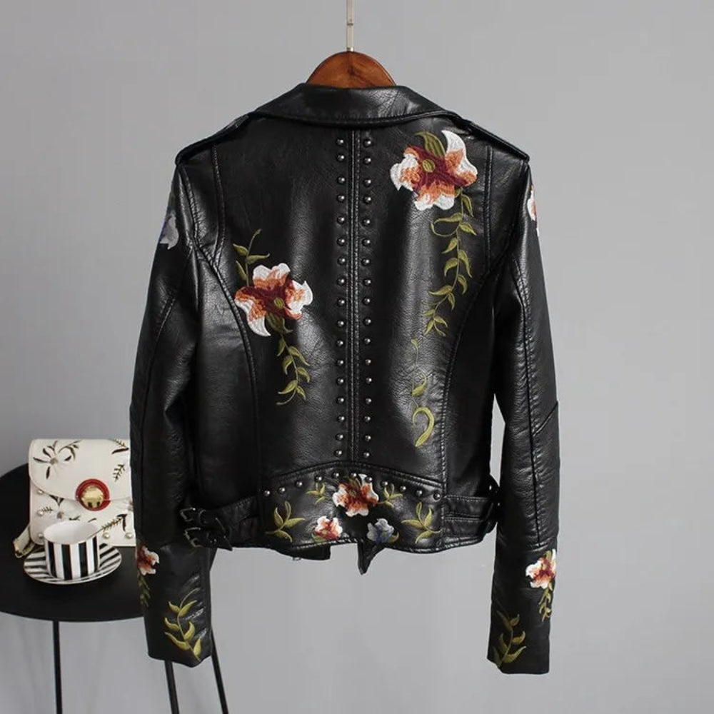 Women's Leather Jacket Floral Embroidery Stud Details 8