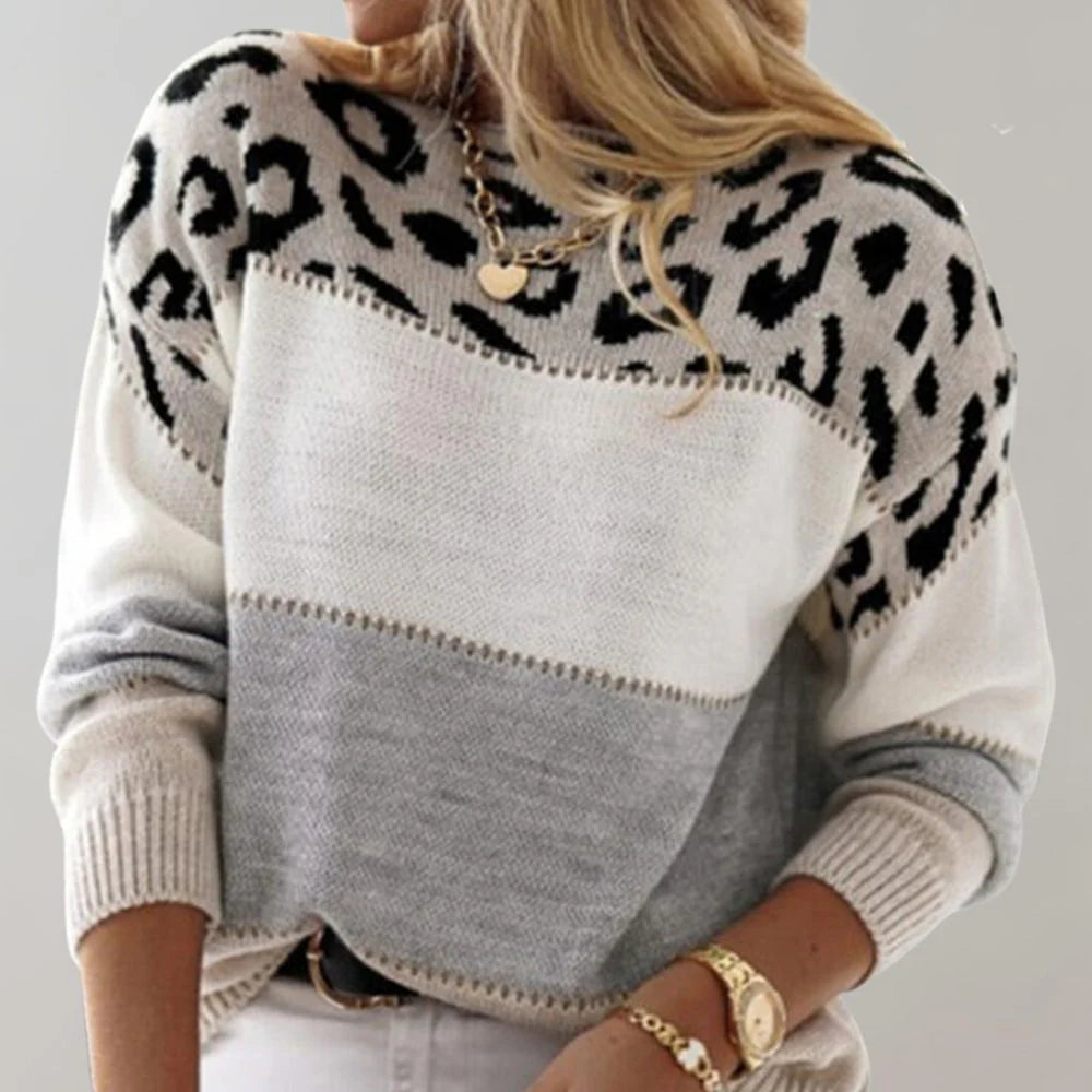 Women's Leopard Print Color Block Long Sleeve Sweater - Pullover