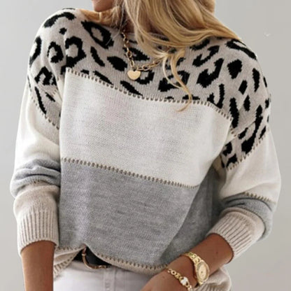 Women's Leopard Print Color Block Long Sleeve Sweater - Pullover