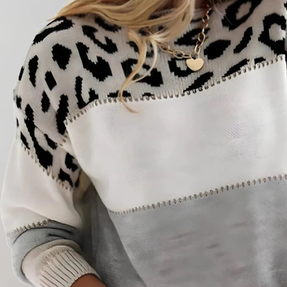 Women's Leopard Print Color Block Long Sleeve Sweater - Pullover