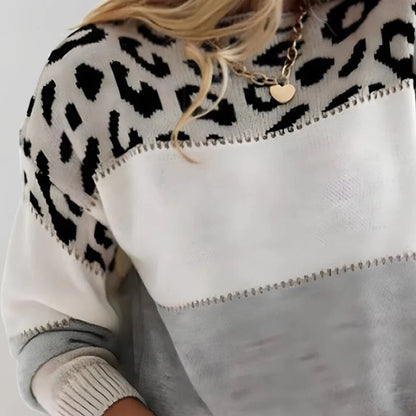 Women's Leopard Print Color Block Long Sleeve Sweater - Pullover