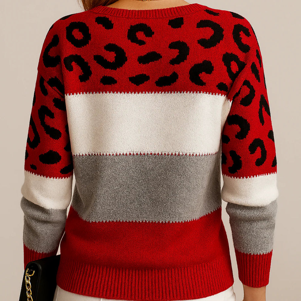 Women's Leopard Print Color Block Long Sleeve Sweater - Pullover