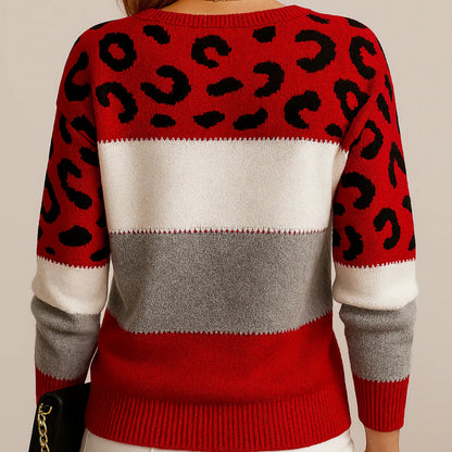 Women's Leopard Print Color Block Long Sleeve Sweater - Pullover