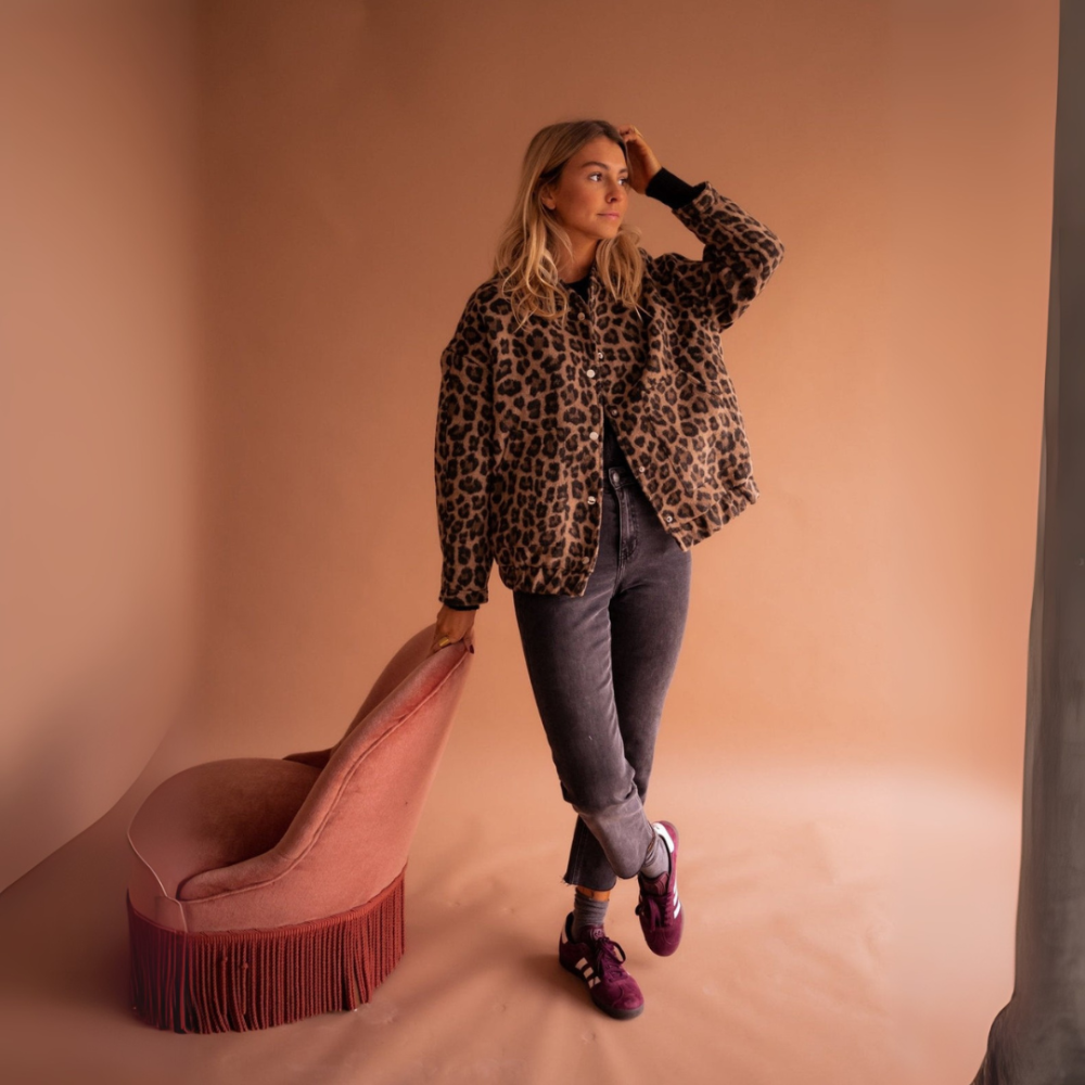 Women's Leopard Print Fleece Jacket - Oversized Casual