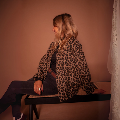 Women's Leopard Print Fleece Jacket - Oversized Casual