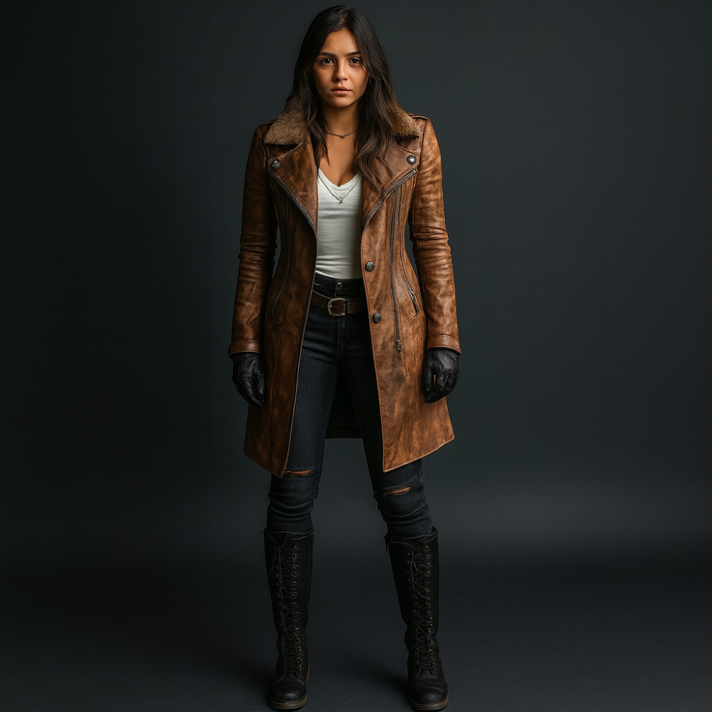 Women’s Long Leather Winter Coat – Warm Vintage Shearling Jacket