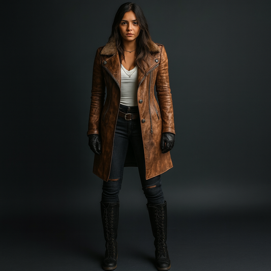 Women’s Long Leather Winter Coat – Warm Vintage Shearling Jacket