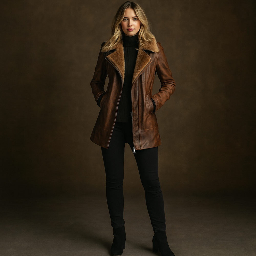 Women’s Long Leather Winter Coat – Warm Vintage Shearling Jacket