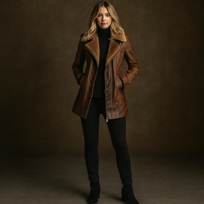 Women’s Long Leather Winter Coat – Warm Vintage Shearling Jacket