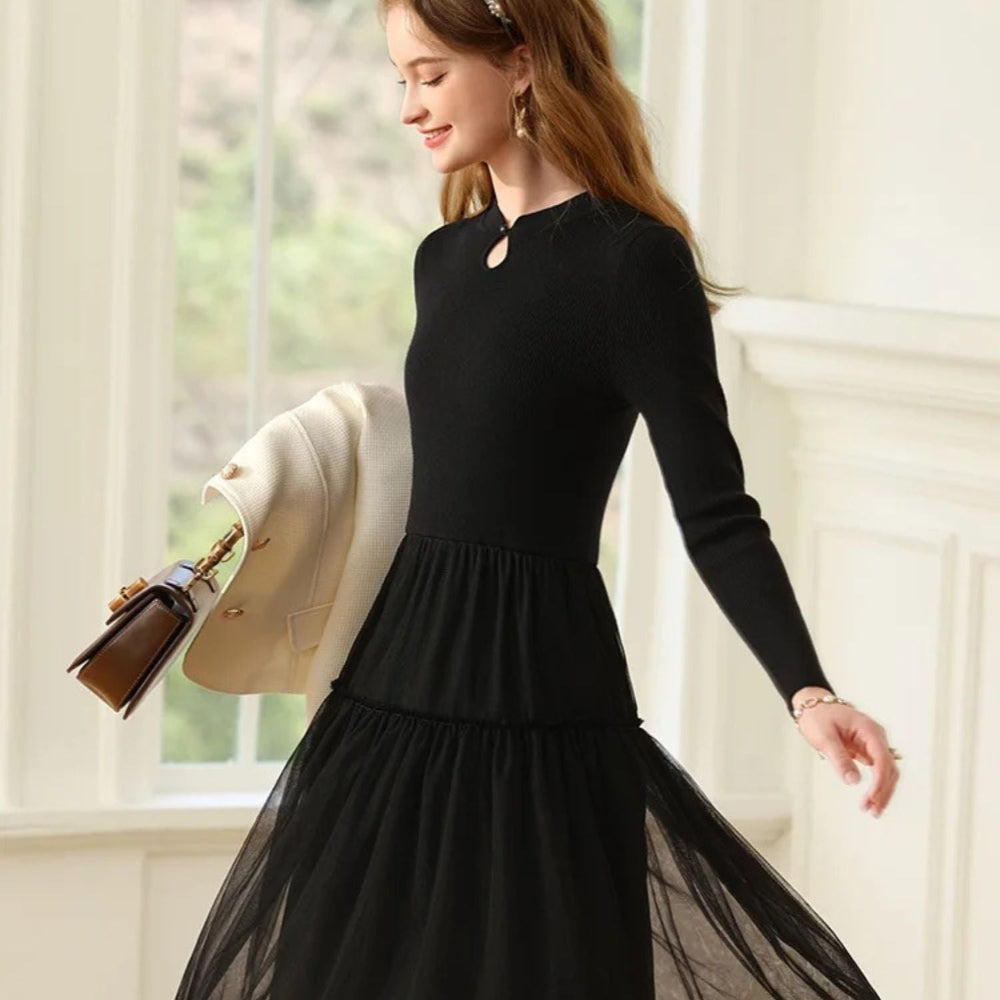 Women's Long Sleeve Tulle Formal Dress - Layered Midi