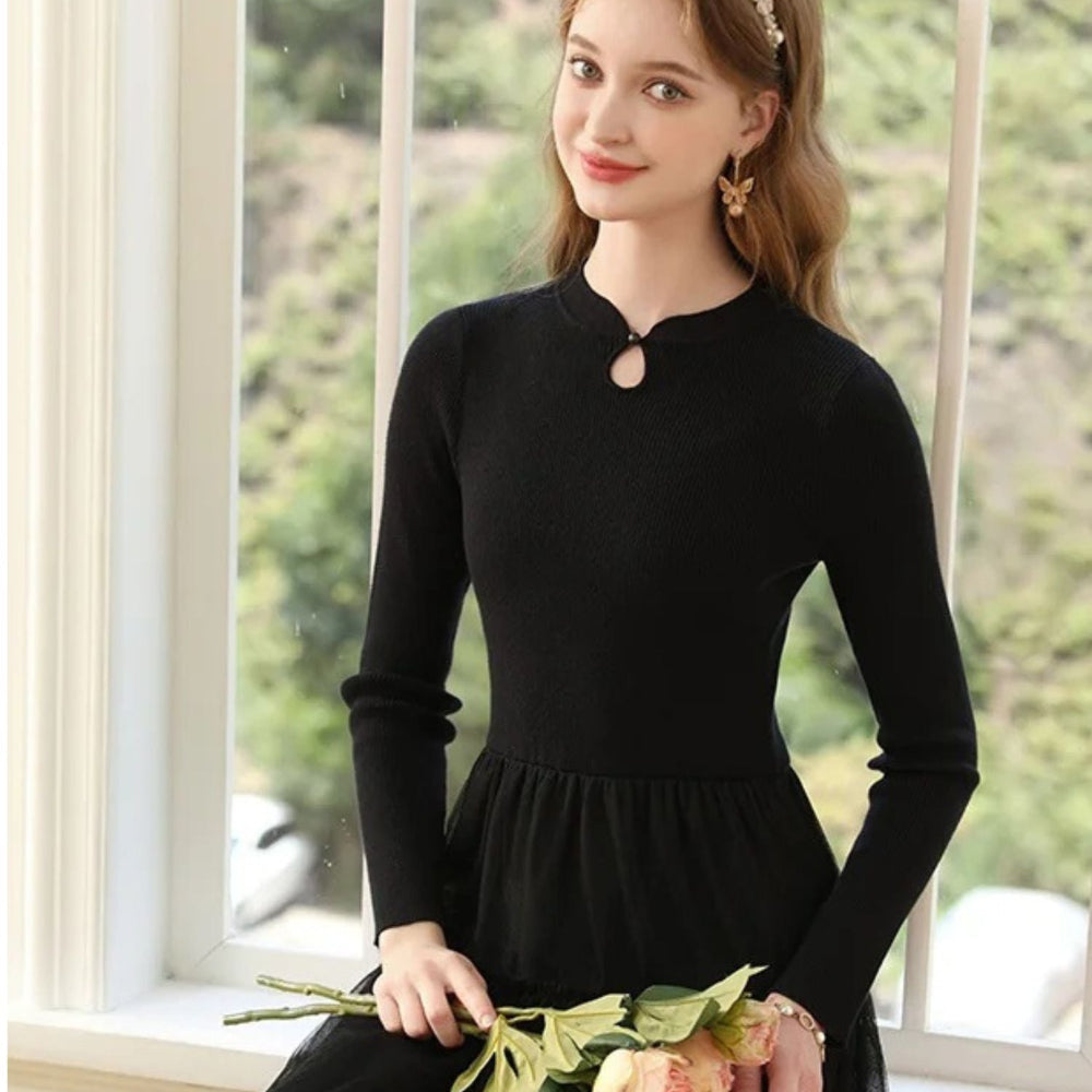 Women's Long Sleeve Tulle Formal Dress - Layered Midi