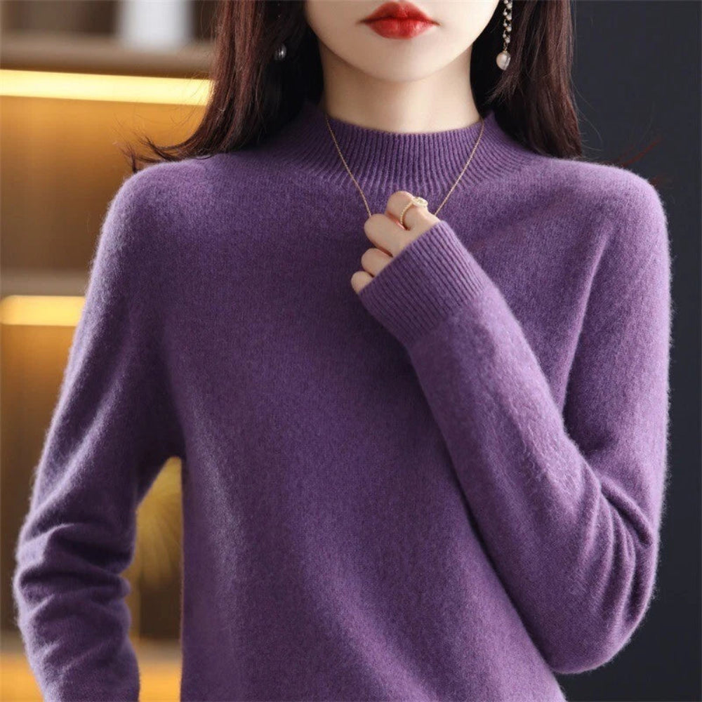 Women's Mock Neck Long Sleeve Knitted Sweater - Pullover