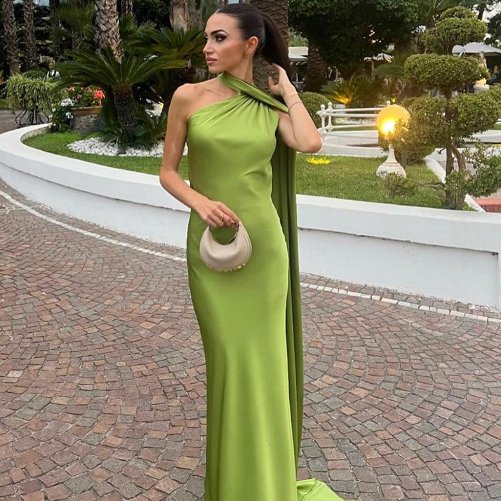 Women's One Shoulder Satin Evening Dress - Elegant Draped Maxi