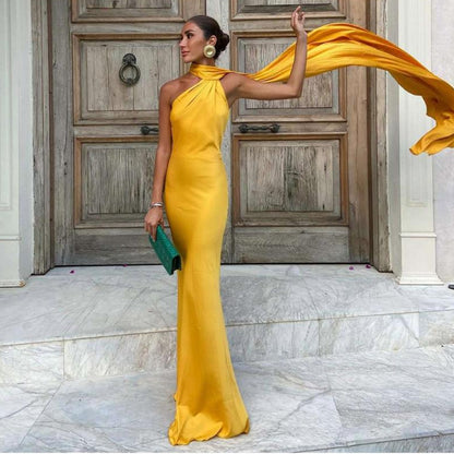 Women's One Shoulder Satin Evening Dress - Elegant Draped Maxi