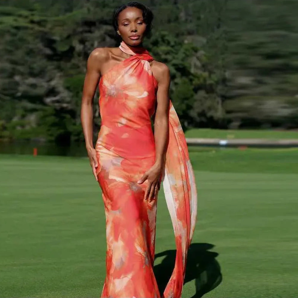 Women's One Shoulder Satin Evening Dress - Elegant Draped Maxi