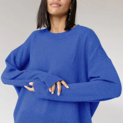 Women's Oversized Crew Neck Long Sleeve Knitted Sweater - Pullover