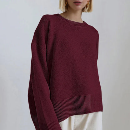 Women's Oversized Crew Neck Long Sleeve Knitted Sweater - Pullover