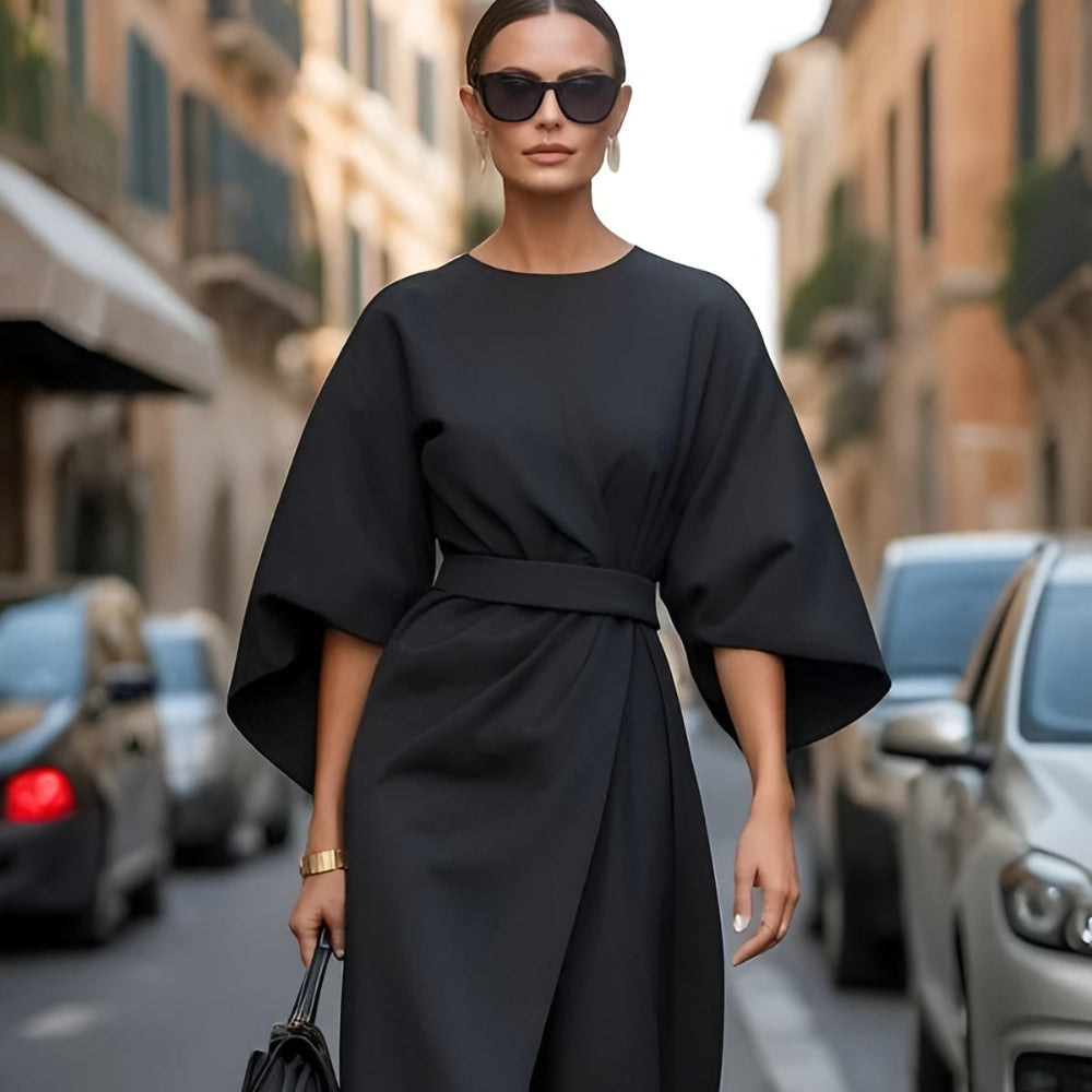 Women's Oversized Formal Kimono Wrap Dress - Belted Midi