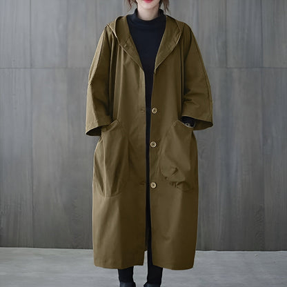 Women's Oversized Hooded Long Overcoat - Button Front Style