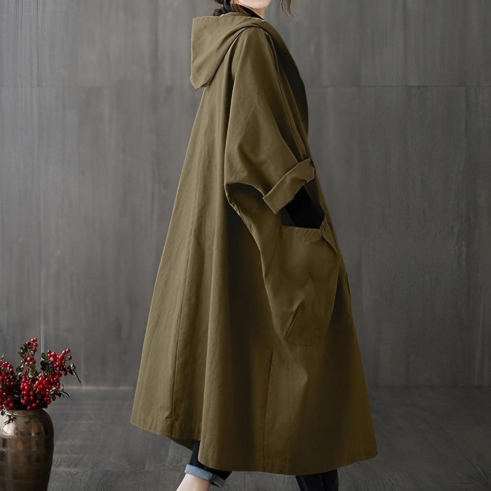 Women's Oversized Hooded Long Overcoat - Button Front Style