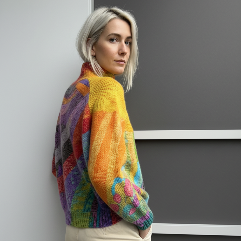 Women's Oversized Patchwork Turtleneck Long Sleeve Sweater - Pullover