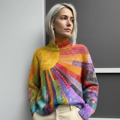 Women's Oversized Patchwork Turtleneck Long Sleeve Sweater - Pullover