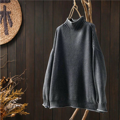 Women's Oversized Textured Turtleneck Long Sleeve Sweater - Pullover