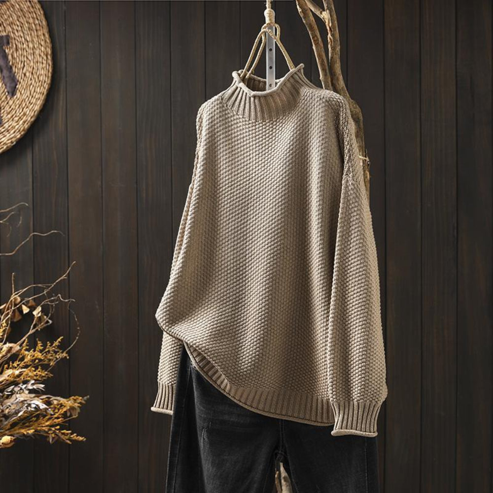 Women's Oversized Textured Turtleneck Long Sleeve Sweater - Pullover