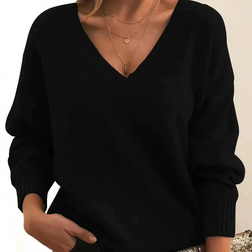 Women's Oversized V Neck Long Sleeve Ribbed Sweater - Pullover