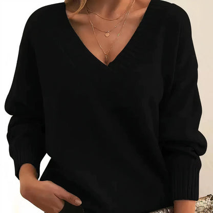 Women's Oversized V Neck Long Sleeve Ribbed Sweater - Pullover
