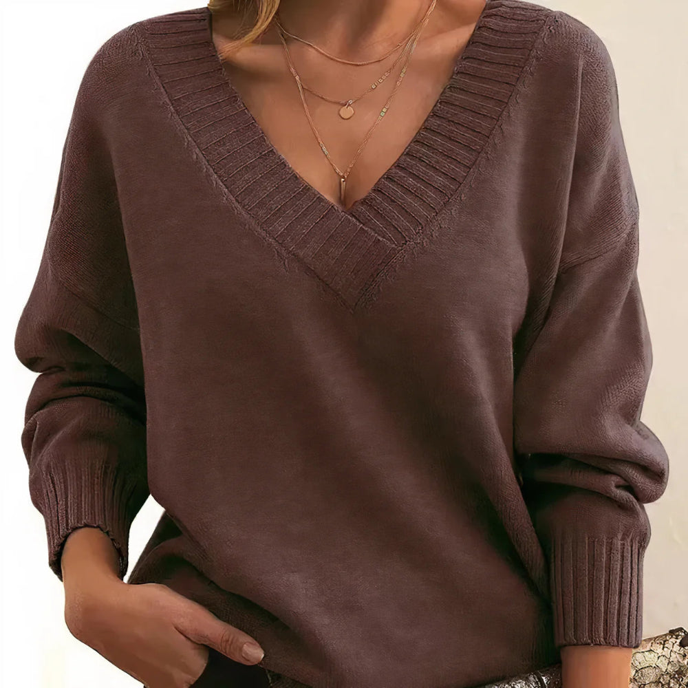 Women's Oversized V Neck Long Sleeve Ribbed Sweater - Pullover