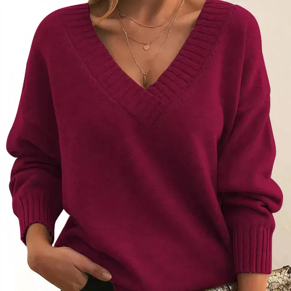 Women's Oversized V Neck Long Sleeve Ribbed Sweater - Pullover