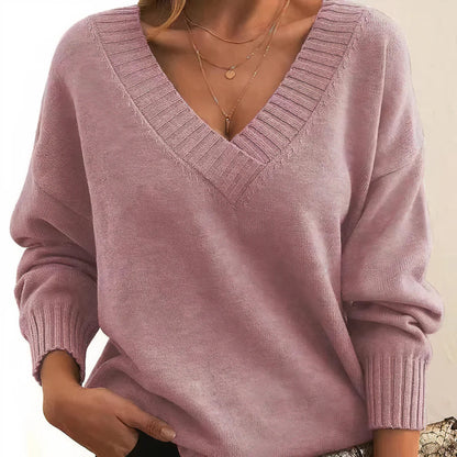 Women's Oversized V Neck Long Sleeve Ribbed Sweater - Pullover