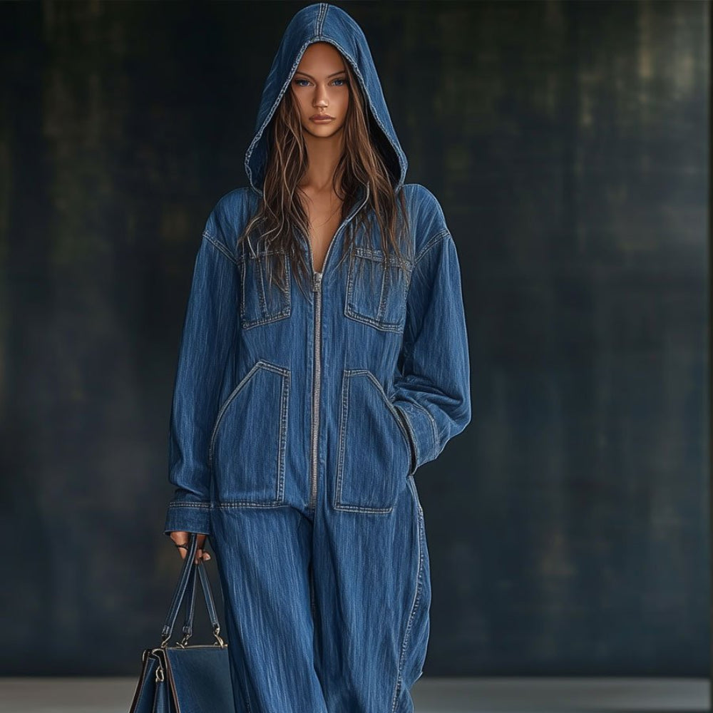 Women's Oversized Zip Up Hoodie - Hooded Denim Style
