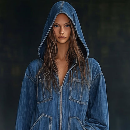 Women's Oversized Zip Up Hoodie - Hooded Denim Style