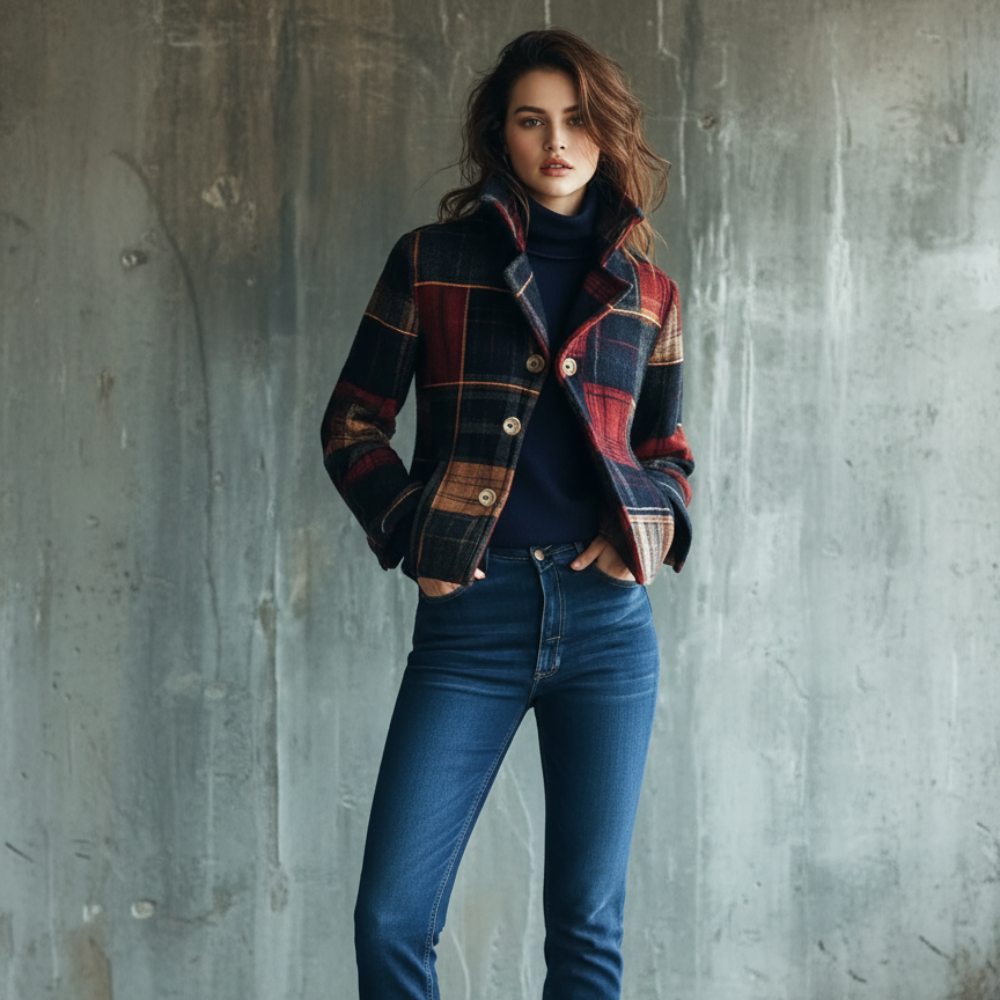Women's Plaid Wool Jacket - Tailored Fit Button Closure