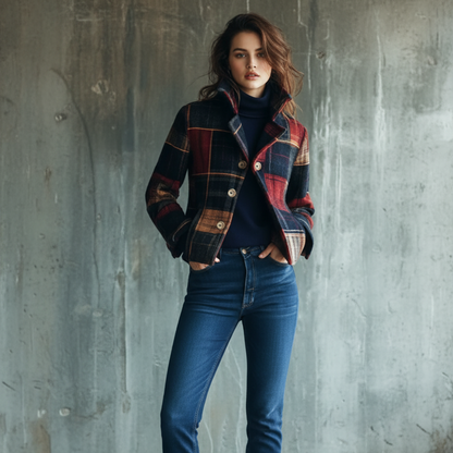 Women's Plaid Wool Jacket - Tailored Fit Button Closure