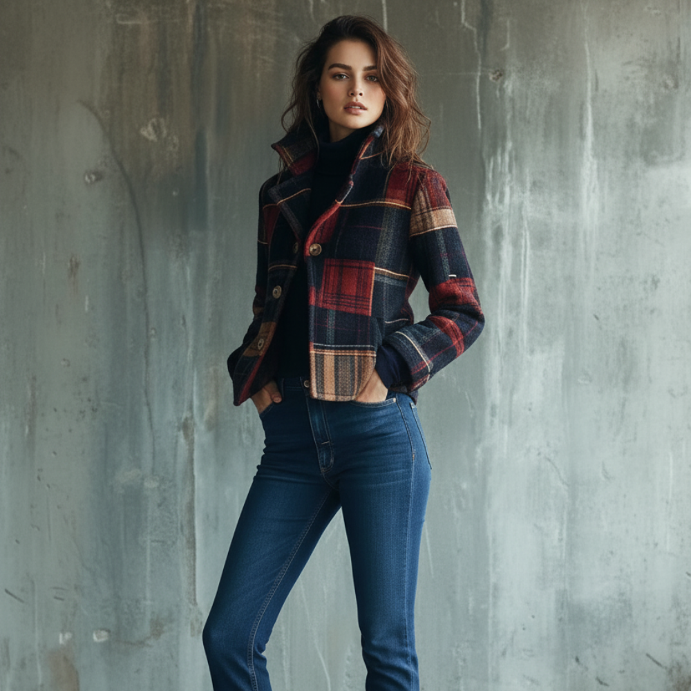 Women's Plaid Wool Jacket - Tailored Fit Button Closure