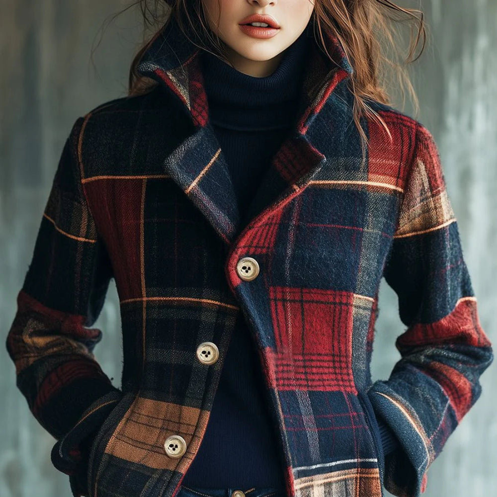 Women's Plaid Wool Jacket - Tailored Fit Button Closure