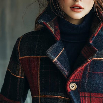 Women's Plaid Wool Jacket - Tailored Fit Button Closure